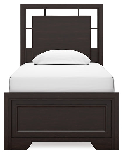 Covetown Twin Panel Bed with Mirrored Dresser and 2 Nightstands